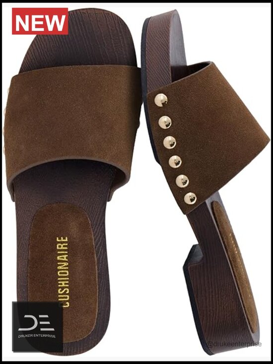 Shoes - Genuine Suede Slides, Studded Sandals, Cushioned Footbed, Slip On